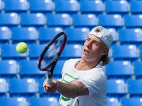 Denis Shapovalov returns the ball during a training session as he prepares for the upcoming U.S. Open, Thursday, August 17, 2017 in Montreal. Canadians Shapovalov and Felix Auger-Aliassime won their first-round qualifying matches Tuesday at the US Open. THE CANADIAN PRESS/Paul Chiasson