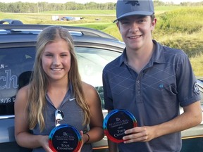Cassidy Laidlaw and Reid Woodman show off their hardware after winning the titles at the 2016 McLennan Ross Junior Golf Tour Championship at Wolf Creek Resort. The 2017 Tour Championship takes place at Wolf Creek on Monday, Aug. 28. Kaitlyn Wingean and Austin Noskiye are among the favourites to with the event this year.