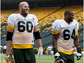 Justin Sorensen, left, and D'Anthony Batiste leave the field following an Edmonton Eskimos practice at Commonwealth Stadium, in Edmonton Tuesday July 11, 2017.