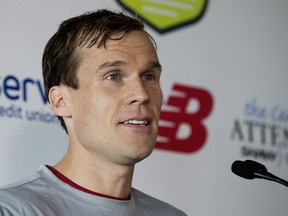 Edmonton Marathon Elite Athlete Coordinator Brian Torrance takes part in the Edmonton Marathon media conference at the Shaw Conference Centre, in Edmonton Thursday Aug. 17, 2017.