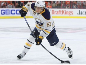 Tyler Ennis of the Buffalo Sabres takes a shot against the Philadelphia Flyers during the first period at Wells Fargo Center on October 25, 2016 in Philadelphia, Pennsylvania. Ennis was traded to the Minnesota Wild where he joins childhood friend Jared Spurgeon.