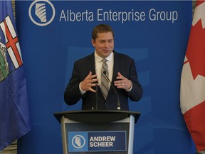 Federal Conservative Party Leader Andrew Scheer speaks at the Alberta Enterprise Group luncheon in Edmonton on Monday, Aug. 28, 2017.