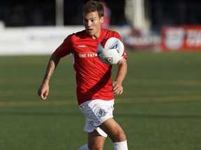 FC Edmonton's Ben Fisk controls the ball during a NASL game versus the New York Cosmos at Clarke Stadium in Edmonton on Friday, August 11, 2017.