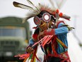 John Tootoosis performs a traditional First Nations dance at the graduation ceremony for the Canadian Forces' Bold Eagle program held at the 3rd Canadian Division Support Base Edmonton Detachment Wainwright near Wainwright on Thursday, Aug. 10, 2017. This year marks Bold Eagle's 28th anniversary.