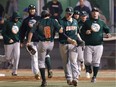 The Swift Current 57s celebrate their victory to stay alive during Game 4 of the WMBL final playoff series between the Edmonton Prospects and the Swift Current 57s at Re/Max Field in Edmonton on Wednesday, Aug. 16, 2017. The 57s won Game 5, 4-0  in Swift Current, Sask., on Thursday to win the WMBL title.