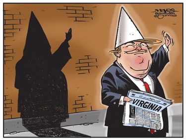 In Virginia, dunce Donald Trump encourages the rise of white supremacist groups. (Cartoon by Malcolm Mayes)