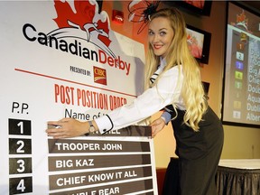 Jordan Gibbins, public relations employee for Northlands, posts the positions for the Canadian Derby which will run on Saturday August 19, 2017 at Northlands Racetrack in Edmonton.