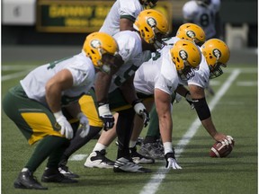 The Edmonton Eskimo offensive line practices in preparation of Friday's game against the B.C. Lions on Tuesday July 25, 2017, in Edmonton.