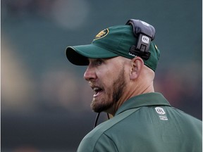 Edmonton Eskimos head coach Jason Maas reacts during first half CFL action against the Hamilton Tiger-Cats in Edmonton, Alta., on Friday August 4, 2017.