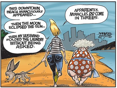 ew downtown beach isn't the only miracle witnessed by Edmonton woman. (Cartoon by Malcolm Mayes)