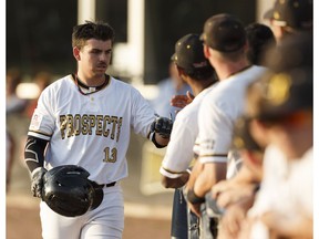 Edmonton Prospects Michael Gahan (13) celebrates a run during a Western Major Baseball League playoff game versus the Medicine Hat Mavericks at RE/MAX Field in Edmonton on Wednesday, August 9, 2017.