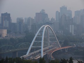 Smoke from the B.C. wildfires envelops much of downtown Edmonton on Monday, Aug. 14, 2017.