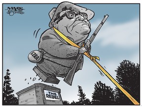 NNA nominee Malcolm Mayes depicts The Rebel, Ezra Levant, being pulled off his pedestal in an August 2017 editorial cartoon.