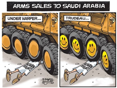 Arms Sales to Saudi Arabia under Harper and Trudeau. (Cartoon by Malcolm Mayes)