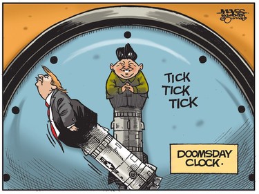 Donald Trump and Kim Jung Un form the hands of nuclear Doomsday Clock.