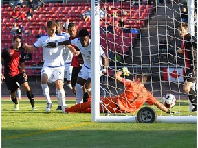 FC Edmonton midfielder Allan Zebie scores the winning goal in a 2-1 victory against the San Francisco Deltas on Saturday, Aug. 26, 2017, in San Francisco, Calif. FC Edmonton travel more during their NASL season than any other professional sports team in North America.