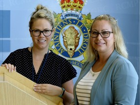 RCMP Victim Services Program Coordinator Ashley Barnes (left) and RCMP Cpl. Kim Bradfield, analyst on the KARE Proactive team (right), at the RCMP K Division facility on Aug. 9, 2017.