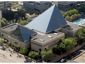 An aerial view of Edmonton's city hall.