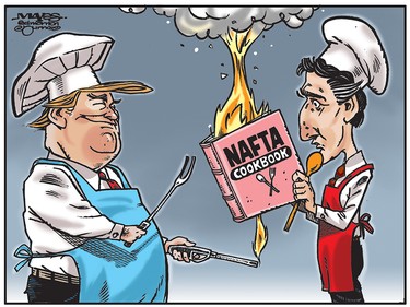 Donald Trump sets fire to NAFTA Cookbook in Justin Trudeau's kitchen. (Cartoon by Malcolm Mayes)