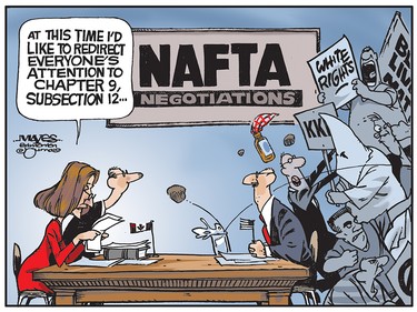 Trump NAFTA negotiators are distracted by domestic issues when facing Canada's Chrystia Freelan. August 17, 2017 (Cartoon by Malcolm Mayes)