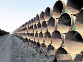 A yard in Gascoyne, N.D., which has hundreds of kilometres of pipes stacked inside it that are supposed to go into the Keystone XL pipeline. File photo.