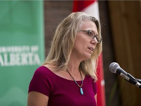 Justine Karst, assistant professor, agricultural, life and environmental sciences at the University of Alberta, speaks after Amarjeet Sohi, minister of infrastructure and communities, discusses the federal government's Discovery Grants at the University of Alberta on Friday, Sept. 8, 2017.