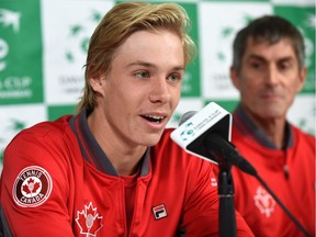 A media conference with the Davis Cup Canadian Team member, Denis Shapovalov, with Martin Laurendeau (back), team captain and the rest of the members Daniel Nestor, Vasek Pospisil and Brayden Schnur at Northlands Coliseum in Edmonton on Sept. 12, 2017.