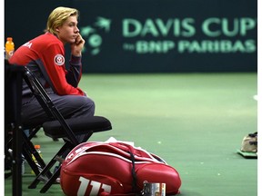 Team Canada member Denis Shapovalov waiting for his turn to practice in preparation for the Davis Cup Friday at Northlands Coliseum in Edmonton, September 12, 2017.