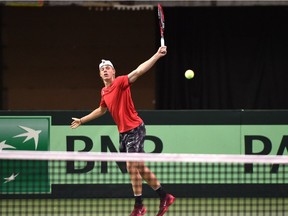 Team Canada member Denis Shapovalov returns the ball during practice in preparation for the Davis Cup Friday at Northlands Coliseum in Edmonton, September 12, 2017.