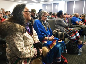 Jean Gruben from Tuktoyaktuk, left, and elder Lorna Standingready from Regina and the White Bear Reserve attend meetings during the National Gathering of Elders 2017 at Expo Centre in Edmonton on Sept. 13, 2017.
