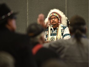 Regional Chief Kevin Hart of Manitoba listens to participants at the microphone during the National Gathering of Elders 2017 at the Expo Centre in Edmonton on Wednesday, Sept. 13, 2017.