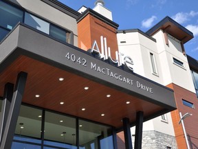 An expansive four-storey foyer greets visitors to Allure Condominiums, a luxury condo development by Carrington Communities in the Uplands of MacTaggart neighbourhood in southwest Edmonton.