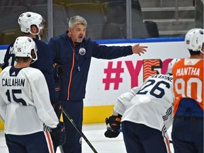 Edmonton Oilers head coach Todd McLellan instructs the troops during the first day of training camp at Rogers Place in Edmonton, September 15, 2017.