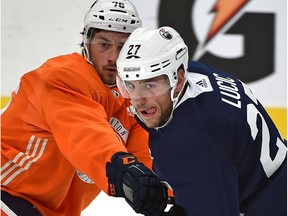 Edmonton Oilers Milan Lucic  (27) and Ben Betker (76) during the first day of training camp at Rogers Place in Edmonton, September 15, 2017.