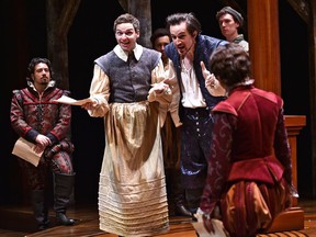 Andrew Chown, right, plays Will Shakespeare and Tristan Carlucci plays Sam in Shakespeare in Love.