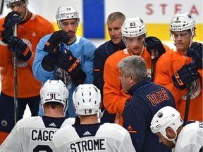 Edmonton Oilers head coach Todd McLellan gives instructions at practice during training camp at Rogers Place Edmonton on Sept. 21, 2017.