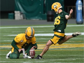 Edmonton Eskimos kicker Swayze Waters practises at Commonwealth Stadium in Edmonton on Sept. 25, 2017. The Eskimos announced that day they had signed Waters.