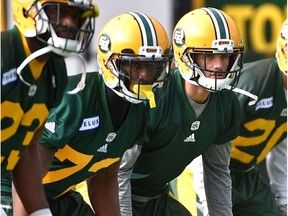 The Eskimos have brought back veteran defensive back Aaron Grymes (no number on jersey) pictured here during practice at Commonwealth Stadium in Edmonton, September 25, 2017.