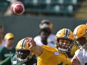 Edmonton Eskimos quarterback Mike Reilly airs one out during practice at Commonwealth Stadium in Edmonton, September 25, 2017.