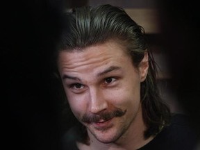 Ottawa Senators defenceman Erik Karlsson talks with reporters in Senators dressing room in Ottawa, Saturday, May 27, 2017. Karlsson has no timeline for his return and says he won&#039;t rush getting back to action. The star defenceman underwent surgery last June to repair torn tendons in his left foot.THE CANADIAN PRESS/Fred Chartrand