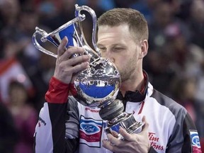 Canada skip Brad Gushue celebrates his gold medal win over Sweden at the Men&#039;s World Curling Championships in Edmonton, Sunday, April 9, 2017. Canada will continue to host a world curling championship annually until 2020 thanks to an extended agreement between Curling Canada and the World Curling Federation. THE CANADIAN PRESS/Jonathan Hayward