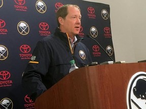 Buffalo Sabres NHL hockey head coach Phil Housley addresses reporters at the team‚Äôs arena a day before taking the ice for the start of training camp in Buffalo, N.Y., Thursday, Sept. 14, 2017. Housley is a former NHL defenseman who returns to Buffalo where he began his Hall of Fame career. He was hired in June to replace Dan Bylsma who was fired along with general manager Tim Murray in April. (AP Photo/John Wawrow)