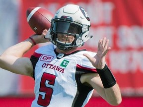 Ottawa Redblacks quarterback Drew Tate throws a pass during first half CFL football action against the Montreal Alouettes in Montreal, Sunday, September 17, 2017. Marcel Desjardins was breathing a little sigh of relief Monday.The Ottawa Redblacks GM said quarterback Tate is listed as week-to-week with an arm-shoulder injury sustained in last weekend&#039;s 29-11 win over the Montreal Alouettes. THE CANADIAN PRESS/Graham Hughes