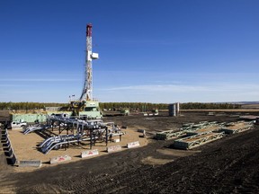 An Encana natural gas drilling rig on a planned 12-well site located northwest of Dawson Creek, B.C.