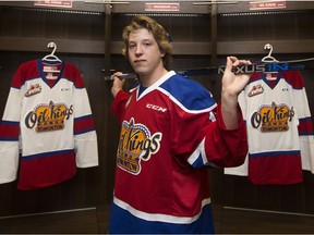 Edmonton Oil Kings forward Jake Neighbours who was selected fourth overall in the 2017 WHL Bantam Draft poses for a photo in the Oil Kings dressing room in Rogers Place, in Edmonton Thursday May 25, 2017. Neighbours made his Oil Kings debut in a pre-season game against the Prince George Cougars on Sept. 1, 2017.