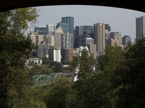 Edmonton's downtown skyline, home to Ward 6, is framed by a bridge over Fort Hill road in August 2017.