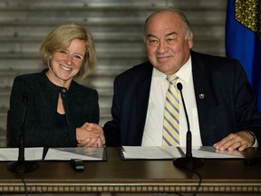 Alberta Premier Rachel Notley and Northwest Territories Premier Bob McLeod sign a Memorandum of Understanding at the Alberta Legislature, in Edmonton Thursday Sept. 14, 2017.