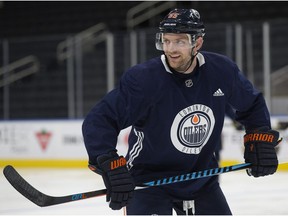 Mark Letestu (55) takes part in an Edmonton Oilers' team practice at Rogers Place, in Edmonton Friday Sept. 29, 2017.
