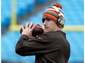 Johnny Manziel #2 of the Cleveland Browns warms up before their game against the Carolina Panthers at Bank of America Stadium on December 21, 2014 in Charlotte, North Carolina.