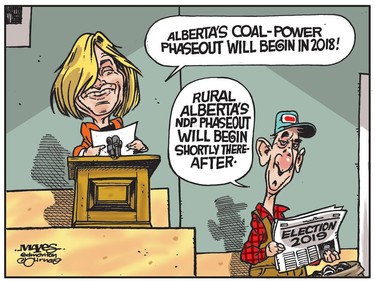 Rachel Notley phases out coal as rural coal communities phase out the NDP. (Cartoon by Malcolm Mayes)